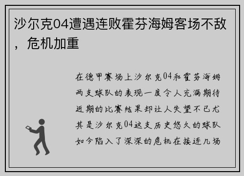 沙尔克04遭遇连败霍芬海姆客场不敌，危机加重